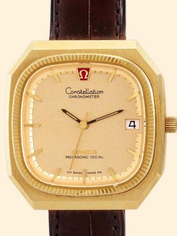 OmegaConstella-tion, Chrono-meter, Megaso-nic 720 Hz. Produced in the 1970's.Fine and large, octagonal, center-seconds, water-resistant, 18K yellow gold gentleman's quartz wrist-watch with date and an 18K yellow gold Omega buckle.
