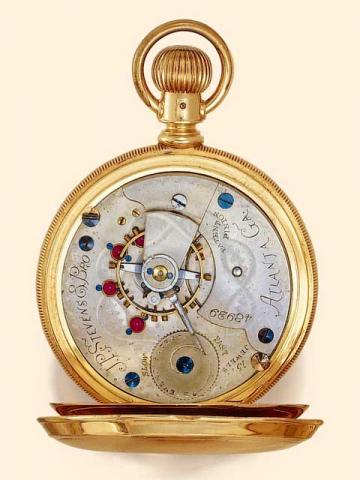 J.P. Stevens Bro., Atlanta, GA, made by Aurora, No. 48929, circa 1885.Fine and very rare, 14K rose gold, hunting-cased, keyless watch with a patented regulator.