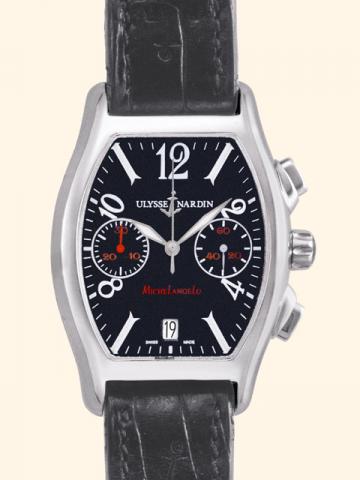 Ulysse Nardin, Le Locle, Michelangelo Chronograph, Ref. 563-42. Produced in 2001.Fine, tonneau-shaped, water-resistant, stainless steel gentleman's wristwatch with date, square button chronograph, register and an Ulysse Nardin buckle.
