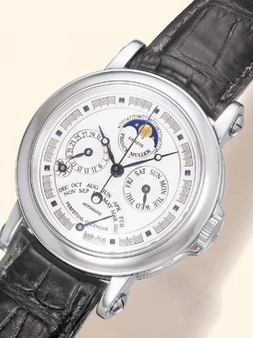 Franck Muller, Automatic Perpetual Calendar, No. 07, Ref. 7000 QPA. Produced in the 1990's.Very fine and important, astronomic, center-seconds, self-winding, water-resistant, stainless steel gentleman's wristwatch with perpetual calendar, moon phases, ret
