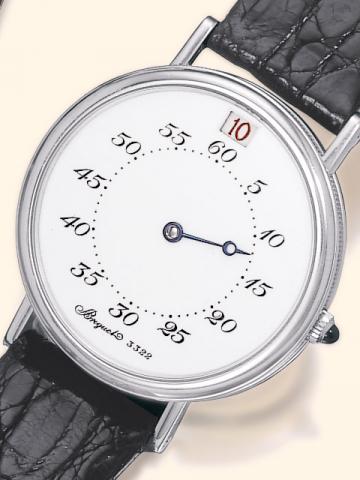 Breguet Automatic, No. 24 / 400, Heures sautantes, Ref. 3322 B. Produced in a limited edition of 400 examples in 1991.Very fine and rare, jump-hour, self-winding, platinum gentleman's wristwatch with a platinum Breguet buckle.