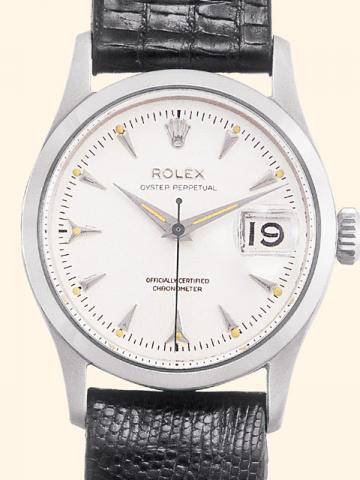 Rolex, Oyster Perpetual, Officially Certified Chronometer, Ref. 6518. Produced in 1954.Fine and rare, center-seconds, self-winding, water-resistant, stainless steel gentleman's wristwatch with date and a Rolex buckle.