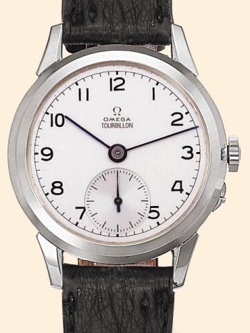 Omega Tourbillon, Geneva,No. 10595935, Cal. 1. Produced in 1947.Extremely rare and very important, sterling silver chronometer gentleman's wristwatch with a 7 1/2 minute revolving Tourbillon regulator. Accompanied by a stainless steel Omega buckle and fit