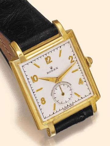 Rolex Precision, Officially Certified Chronometer, Ref. 4029. Produced in the 1940's.Fine, rectangular, 18K yellow gold gentleman's wristwatch with a gold plated Rolex buckle.