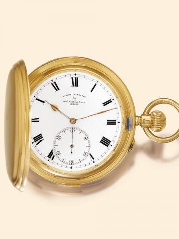 Thomas Russel Son, Liverpool, No. 102526, Swiss movement, circa 1910.Fine 18K gold hunting cased keyless minute-repeating watch.
