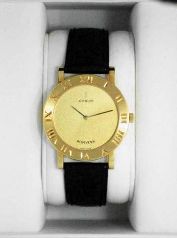 Corum Romulus, Ref. 50.701.56. Produced in the 1990's, sold on January 15, 2003..Fine, water-resistant, 18K yellow gold gentleman's quartz wristwatch with 18K gold Corum buckle. Accompanied by a fitted box and certificate.