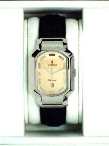 Corum Automatic, Rue de la Paix, Ref. 145.75.120. Produced in the 1990 's, sold on January 15, 2003..Fine, stylized octagonal, curved, center-seconds, self-winding, water-resistant, stainless steel gentleman's wristwatch with date, 100-hour autonomy and a