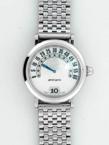 G_rald Genta, R_tro Classic, Ref. G 3634. Produced in the 1990's..Fine, jump-hour, self-winding, water-resistant, stainless steel gentleman's wristwatch with retrograde minutes, 40 hours autonomy and a guilloch_ stainless steel link bracelet.