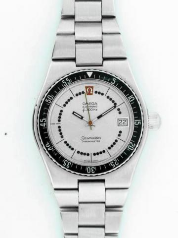 Omega Electronic f 300Hz, Seamaster Chronometer, No. 34840209, Ref. 198.0005. Production of this reference started in 1973..Fine, tonneau-shaped, center-seconds, water-resistant, stainless steel gentleman's electric wristwatch with date and a stainless st