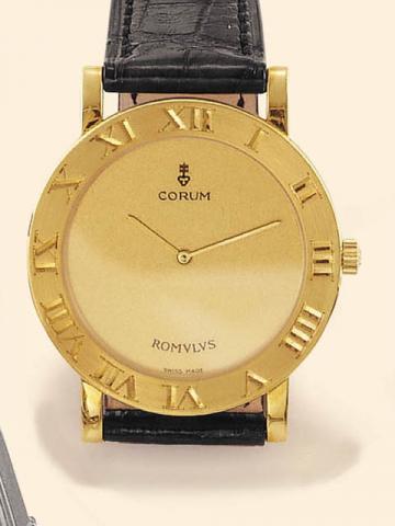 Corum Romulus, Ref. 50.701.56. Produced in the 1990's, sold on January 15, 2003.Fine, water-resistant, 18K yellow gold gentleman's quartz wristwatch with an 18K gold Corum buckle. Accompanied by a fitted box and certificate.