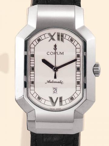Corum Automatic, Rue de la Paix, Ref. 145.75.120. Produced in the 1990 's, sold on January 15, 2003.Fine, stylized octagonal, curved, center-seconds, self-winding, water-resistant, stainless steel gentleman's wristwatch with date,100-hour autonomy and a s
