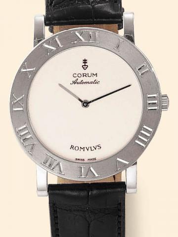 Corum Romulus, Ref. 58.706.59. Produced in the 1990's, sold on January 15, 2003.Fine, self-winding, water-resistant, 18K white gold gentleman's wristwatch with an 18K white gold Corum buckle. Accompanied by a fitted box and certificate.