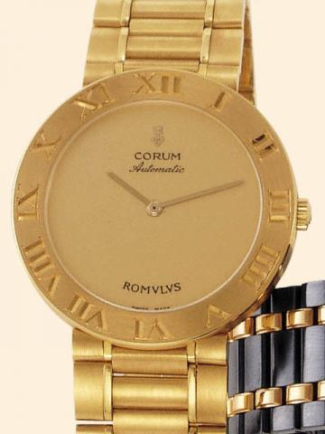 Corum Romulus, Ref. 58.903.56 V 400. Produced in the 1990's, sold on January 15, 2003.Fine, self-winding, water-resistant, 18K yellow gold gentleman's wristwatch with an 18K brushed gold Corum link bracelet. Accompanied by a fitted box and certificate.
