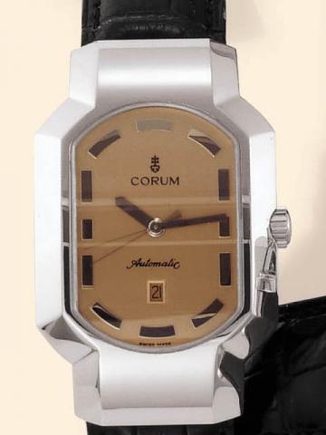 Corum Automatic, Rue de la Paix, Ref. 145.75.120. Produced in the 1990 's, sold on January 15, 2003.Fine, stylized octagonal, curved, center-seconds, self-winding, water-resistant, stainless steel gentleman's wristwatch with date, 100-hour autonomy and a 