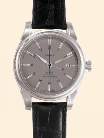 Omega, De Ville Co-Axial GMT, Automatic Chronometer. Production of this reference started in 2002.Fine, two time zone, center-seconds, self-winding, water-resistant, stainless steel gentleman's chronometer wristwatch with date and a stainless steel Omega 