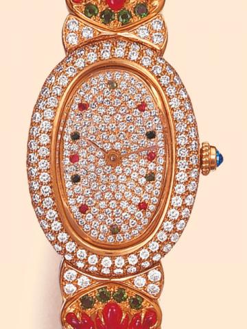 Cartier Baignoire, Tutti Frutti style, Ref. 2947. Produced in the 1980s. Extremely fine and precious, water-resistant, 18K yellow gold, diamond, ruby, and emerald lady's quartz wristwatch with an 18K yellow gold Cartier link bracelet set with 8 floral mot