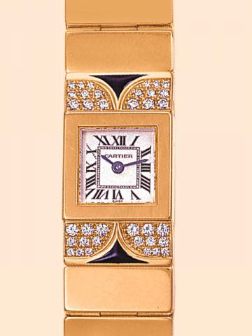 Cartier Tank-Lingot, Ref. 1705. Produced in the 1990s. Very fine, square, 18K yellow gold, onyx and diamond lady's quartz wristwatch with an 18K yellow gold articulated Cartier bracelet and 18K pink gold deployant clasp.