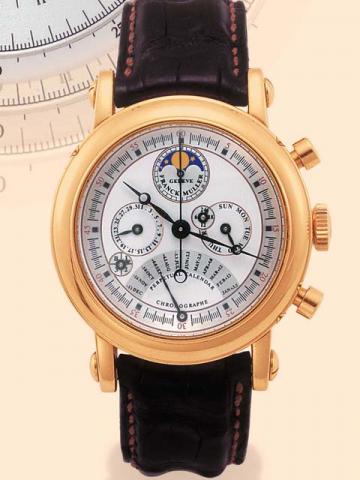 Franck Muller, Automatic Perpetual Calendar, No. 16, Ref. 7000 QPEDF. Produced in the 1990's.Very fine and important, double-face, astronomic, center-seconds, self-winding, water-resistant, 18K yellow gold gentleman's wristwatch with perpetual calendar, m