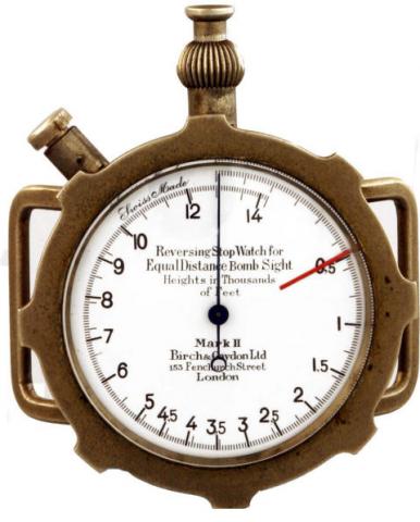 Birch Gaydon Ltd, 153 Fenchurch Street, London, Mark II, Reversing Stop Watch for Equal Distance Bomb Sight, Height in Thousands of Feet, Ref. 176, Swiss. Produced in the 1940's.Fine and rare, stainless steel, military, single round button, back and for