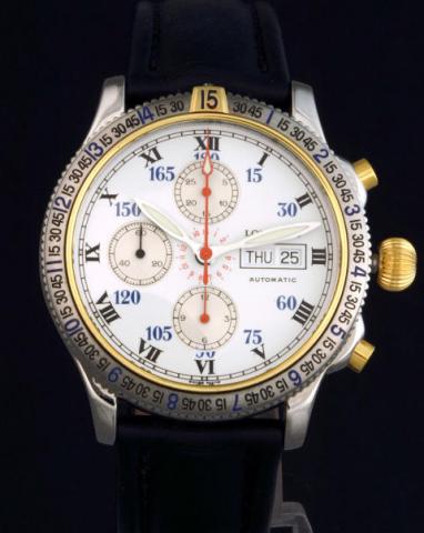 Longines, Lindbergh Spirit Chronograph, Ref. L 2.618.5. Produced in a special edition in the 1990's.Fine, hour angle, stainless steel and gold aviator's wristwatch with round button chronograph, registers, day and date.