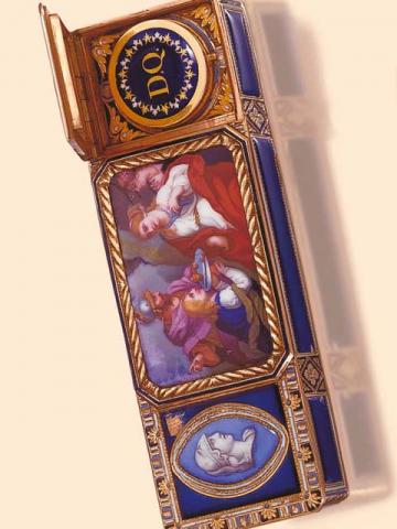 Sophonisba. R_mond Lamy Co, Geneva, circa 1810. Fine 18K gold and painted on enamel etui fitted with a vinaigrette.