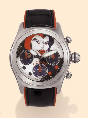 Joker Corum, No. 760/777, Ref. 285.240.20. Produced in a limited edition in 2001. Fine, curved, self-winding, water-resistant, stainless steel, wristwatch with round button chronograph, registers and date and a leather clad rubber strap with stainless ste