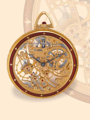Patek Philippe, Gen_ve, No. 937141, Ref. 899/002. Sold on Jan. 15, 1994. Very fine and rare, 18K yellow gold and enamel, skeletonized, keyless dress watch. Accompanied by a fitted box and certificate.
