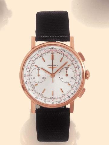 Longines,Ref. 7414. Producedin the 1950's.Fine, 18K pink gold gentleman's wristwatchwith square button chronograph, register,telemeter, tachometer and a Longinesbuckle.
