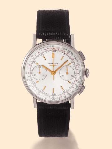 Longines,Ref. 7412. Producedin the 1950's.Fine, water-resistant, stainless steel gentleman's wristwatch with square button chronograph, register, telemeter, tachometer and a stainless steel Longines buckle.