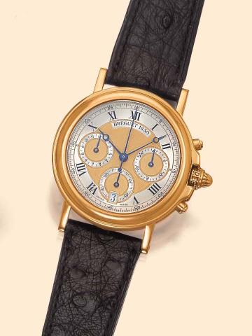 Breguet Horloger de la Marine, Chronographe Automatique Marine, Ref. 1630D. Produced in the 1990's.Very fine, self-winding, water-resistant to 50 meters, 18K yellow gold gentleman's wristwatch with round button chronograph,registers, date and 18K yellow g