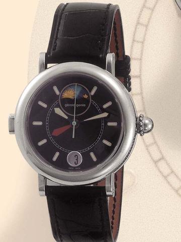 G_rald Genta, Night and Day, Ref. G 3706. Produced in the 1990's.Fine, two time zone, center-seconds, self-winding, water-resistant, stainless steel gentleman's wristwatch with date and astainless steel G_rald Genta buckle.