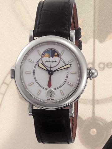 G_rald Genta, Night Day, Ref. G 3706. Produced circa 2000.Fine two time zone, center-seconds, self-winding, water-resistant, stainless steel gentleman's wristwatch with date and astainless steel G_rald Genta buckle.