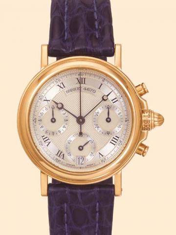 Breguet, Horloger de lade laMarine, ChronographeAutomatique,Ref. 4670D. Produced in the 1990s.Very fine, self-winding, water-resistant, 18Kyellow gold gentleman