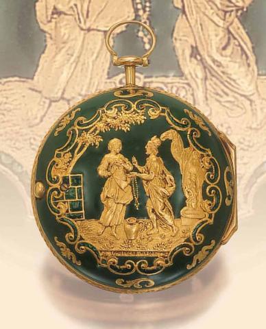 Rebecca and Eliezer at the Well LeRoy, Paris, enamel by Guillaume Bouvier, repouss_ attributed to David Cochin, circa 1760. A rare and important 20K repouss_ gold and enamel watch.