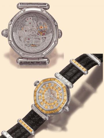 G_rald Genta, Geneve, No. 1, case No. 64780, Ref. G. 4103 K. Manufactured in.the 1990s..Exceptionally fine and extremely rare, octagonal, water-resistant, self-winding, plat-inum.and white and yellow diamond gentleman