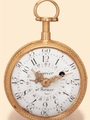 Julius Cesar Panrier, a Ferney, circa 1775. Very fine and extremely rare 20K varicolored gold a toc quarter-repeating watch with date.