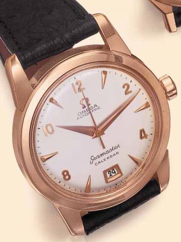 Omega, Seamaster Calendar, Ref. 2757 SC. Produced circa 1954. Fine, center-seconds, self-winding, water-resistant, 18K pink gold gentleman's wristwatch with date.