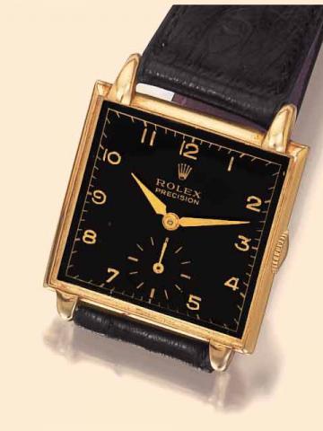 Rolex Precision Ref. 4330. Manufac-tured in the 1930s. Fine and unusual, square, 14K yellow gold gentleman