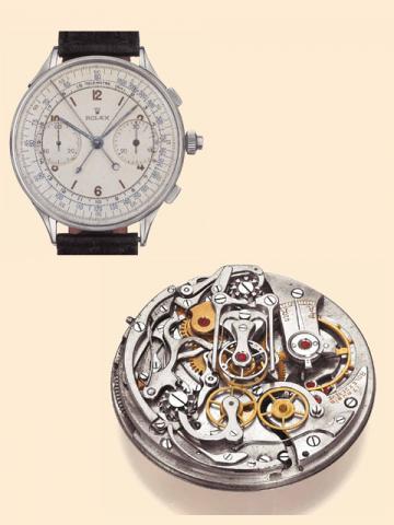 Rolex Chronographe Rattrapante, Ref. 4113. Made in a limited series of 12 examples only in 1942. Exceptionally rare and extremely fine, oversized, stainless steel gentleman's wristwatch with square button chronograph, register, tachometer and telemeter an
