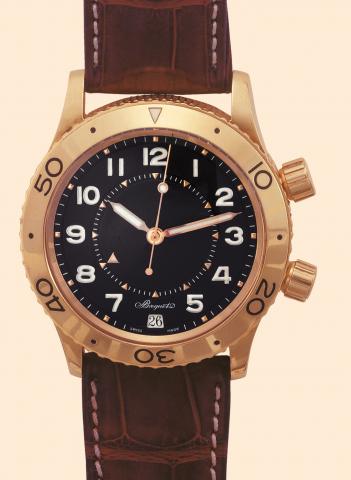 Breguet,Transatlantique Type XX Automatique, Ref. 3860. Produced in the 1990s. Fine, center-seconds, self-winding, 18K yellow gold gentleman's wristwatch, water-resistant down to 100m., with alarm and date, 45-hour autonomy and an 18K yellow gold Breguet 