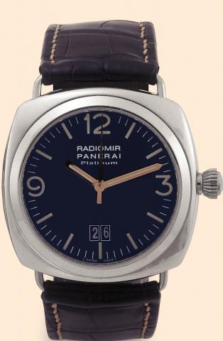 Officine Panerai,Radiomir Platinum, No. 19/99, Ref. OP 6542. Produced in a limited edition of 99 examples in the late 1990s. Very fine and rare, cushion-shaped, center-seconds, self-winding, water-resistant to 100 m., platinum diving wristwatch with date,