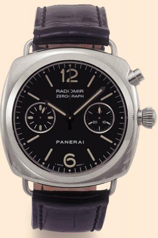 Officine Panerai, Radiomir,Zerograph, No. 32/99, Ref. OP 6544. Produced in a limited edition of 99 examples in 2000. Fine and rare, cushion-shaped, water-resistant to 100 m., 18K white gold diving wristwatch with single button chronograph, register and an