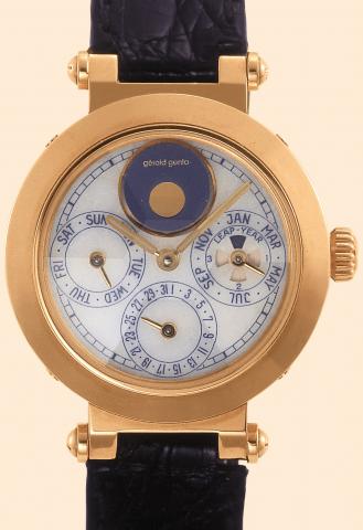 G_rald Genta Automatic, Ref. G. 3144.7. Produced in the 1990s. Very fine, astronomic, self-winding, water-resistant, 18K yellow gold gentleman's wristwatch with perpetual calendar, moon phases and an 18K yellow gold G_rald Genta buckle.
