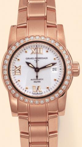 Girard-Perregaux,Lady F, Automatic, Ref. 8039. Produced circa 2000. Fine, center-seconds, self-winding, water-resistant, 18K pink gold and diamond lady's wristwatch with date and an 18K pink gold Girard-Perregaux link bracelet and deployant clasp. Accompa