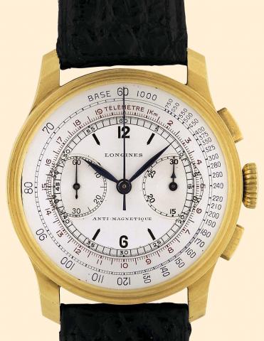 Longines, Anti-magnetique, No. 5872758. Circa 1940. Fine 18K yellow gold gentleman's wristwatch with square button chronograph, register, tachometer and telemeter.