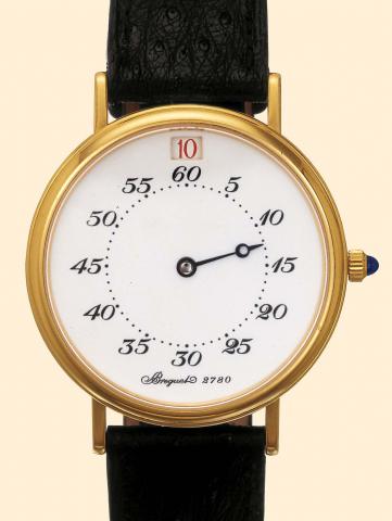 Breguet Automatic, No. 231/ 800, Heures sautantes, Ref. 2780 B. Produced in a limited edition of 800 examples in 1991. Very fine and rare, jump-hour, self-winding, 18K yellow gold gentleman's wristwatch with an 18K yellow gold Breguet buckle.