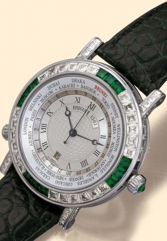 Breguet, Marine Hora Mundi, Automatique, Ref. 3701. Manufactured in the 1990s for a Southeast Asian Royal Family. Unique and extremely fine, World Time, center-seconds, self-winding, water-resistant, 18K white gold, emerald and diamond gentleman's wristwa