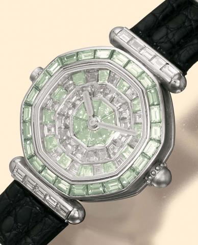 G_rald Genta, Geneve, No. 1, case No. 65198, Ref. G. 4103K. Manufactured in 1993. Exceptionally fine and extremely rare, octagonal, water-resistant, self-winding, minute-repeating, platinum, peridot and diamond gentleman