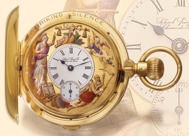 Louis Elis_e Piguet, No. 34/5198/47741, made for Schwob Freres Co., Chaux-de-Fonds, based on Louis Brandt (Omega) patent, circa 1895. Very fine and rare 18K gold hunting-cased keyless double train carillon Grande Sonnerie clockwatch with minute-repeatin