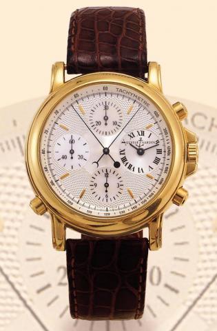 Ulysse Nardin, Le Locle, Suisse, Chronosplit Berlin, No. 37, Ref. No. 571-22. Produced in the 1990s. Very fine, large, self-winding, water-resistant to 30 meters, 18K yellow gold gentleman's wristwatch with round button split-seconds chronograph, register